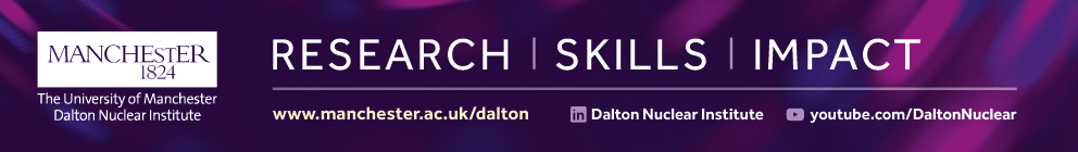 A wide, purple gradient email banner with soft light streaks in the background. On the left, a white box contains “MANCHESTER 1824” above the text “The University of Manchester Dalton Nuclear Institute.” Across the centre in large white capital letters is the phrase “RESEARCH | SKILLS | IMPACT.” Along the bottom, smaller white text includes “www.manchester.ac.uk/dalton,” followed by a LinkedIn icon with “Dalton Nuclear Institute” and a YouTube icon with “youtube.com/DaltonNuclear.”