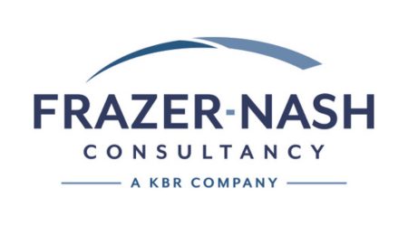 Logo for Frazer‑Nash Consultancy on a light grey background, featuring a curved blue arc above the company name in bold navy capital letters, with ‘Consultancy’ in smaller spaced lettering below and the tagline ‘A KBR Company’ at the bottom separated by thin horizontal lines.