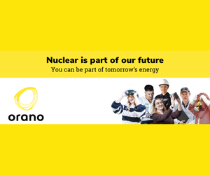 A wide rectangular promotional banner with bright yellow bands at the top and bottom. In the centre is a light grey strip. Centered in the grey area, bold black text reads: “Nuclear is part of our future.” Beneath it, smaller text says: “You can be part of tomorrow’s energy.” On the left side of the grey strip is the Orano logo, consisting of a yellow circular emblem with a white centre, alongside the word “orano” in black lowercase letters. On the right side, a group of people stand close together wearing a range of professional and safety clothing, including hard hats, safety goggles, and work uniforms, suggesting roles in technical, engineering, or industrial environments.