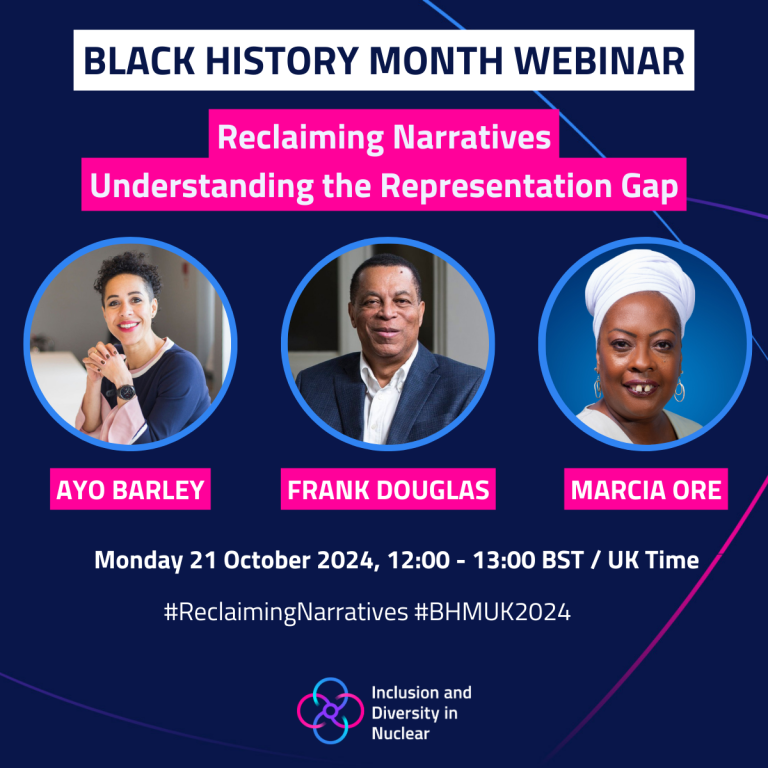 Black History Month Webinar. Reclaiming Narratives: Understanding the Representation Gap. Pictured from left to right: Ayo Barley, Frank Douglas and Marcia Ore. All are smiling at the camera. Webinar date and time: Monday 21 October 2024, 12:00 - 13:00 BST / UK Time.