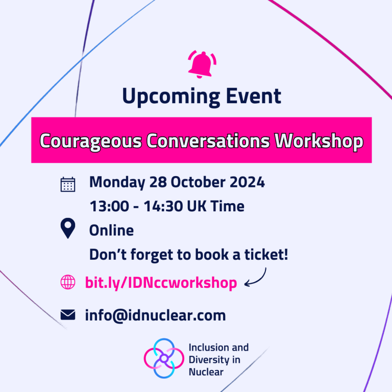 Upcoming Event. Courageous Conversations Workshop. Monday 28 October 2024. 13:00 - 14:30 BST / UK Time. Location: online. Don't forget to book a ticket. Email info@idnuclear.com