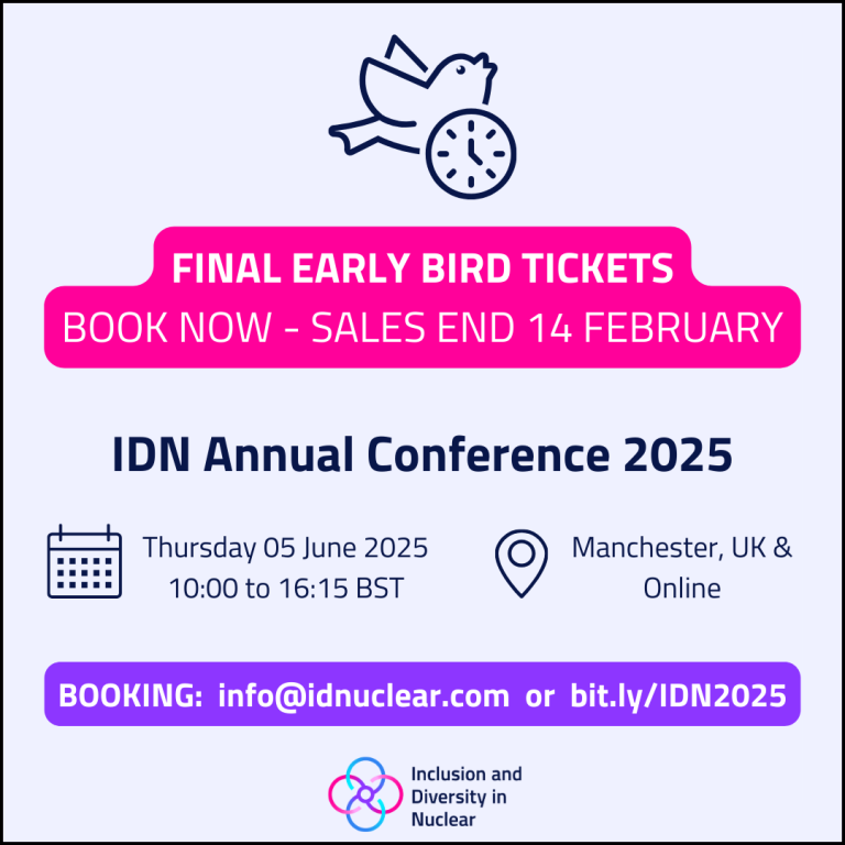 At the top is a bird with a clock. Text underneath says: Final early bird tickets, book now sales end 14 February. IDN Annual Conference 2025. Conference Date and Time: Thursday 05 June 2025, 10:00 - 16:15 BST. Conference Location: Manchester, UK and Online. Booking: email info@idnuclear.com or visit bit.ly/IDN2025