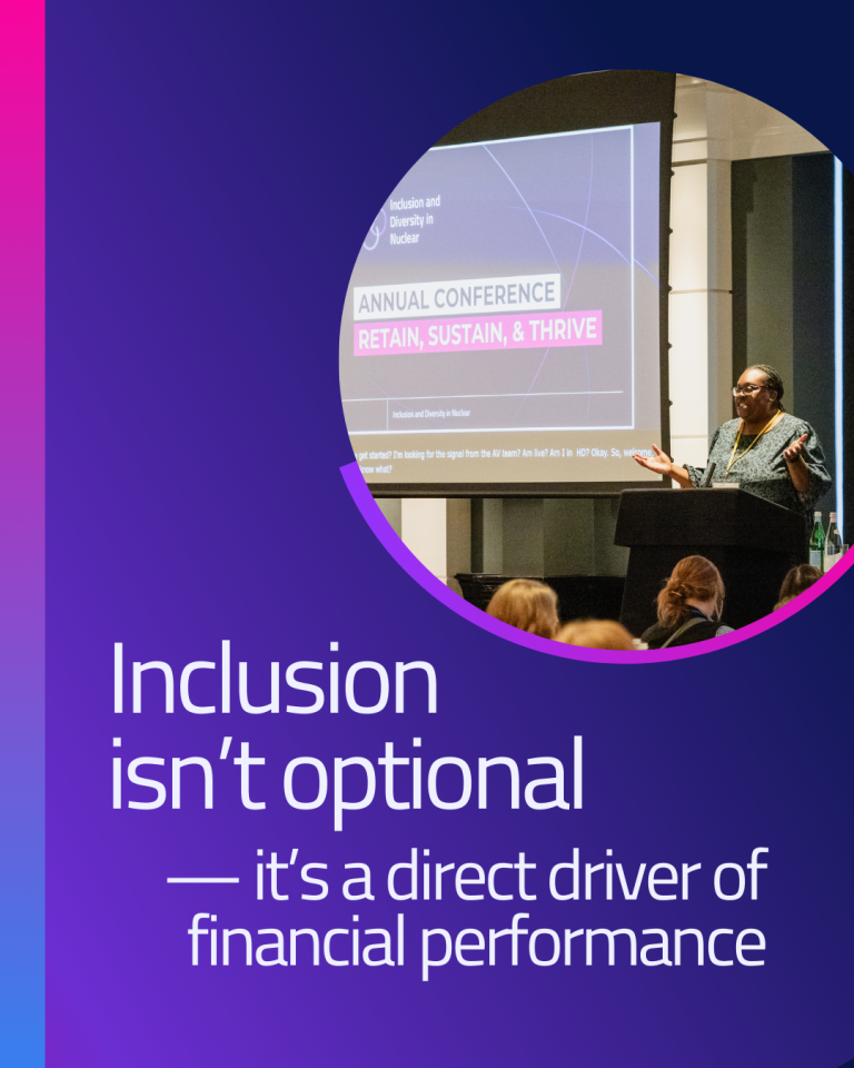 Inclusion isn't optional - it's a direct driver of financial performance. The image shows IDN founder and managing director, standing at a podium on stage at the 2024 IDN conference.