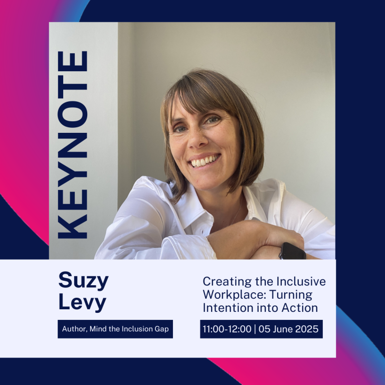Suzy Levy is smiling towards the camera. The word keynote is written to the side of her. Underneath her headshot image are details of her talk at the conference.