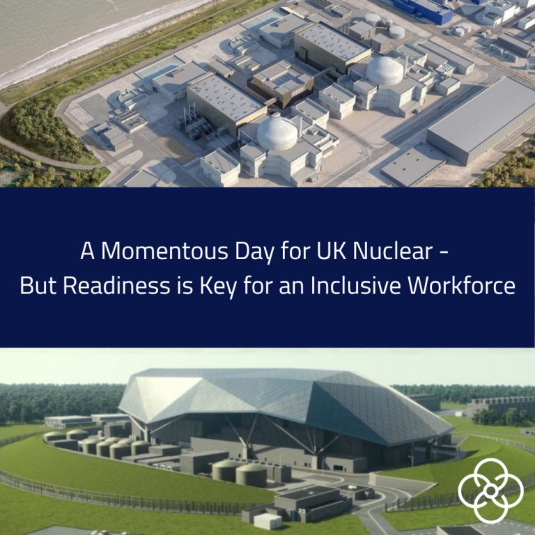 Top image is a computer generated version of the proposed Sizewell C development. In the middle is the article title: A Momentous Day for UK Nuclear - But Readiness is Key for an Inclusive Workforce. The bottom image is a computer generated image of the proposed Rolls-Royce SMR reactor.