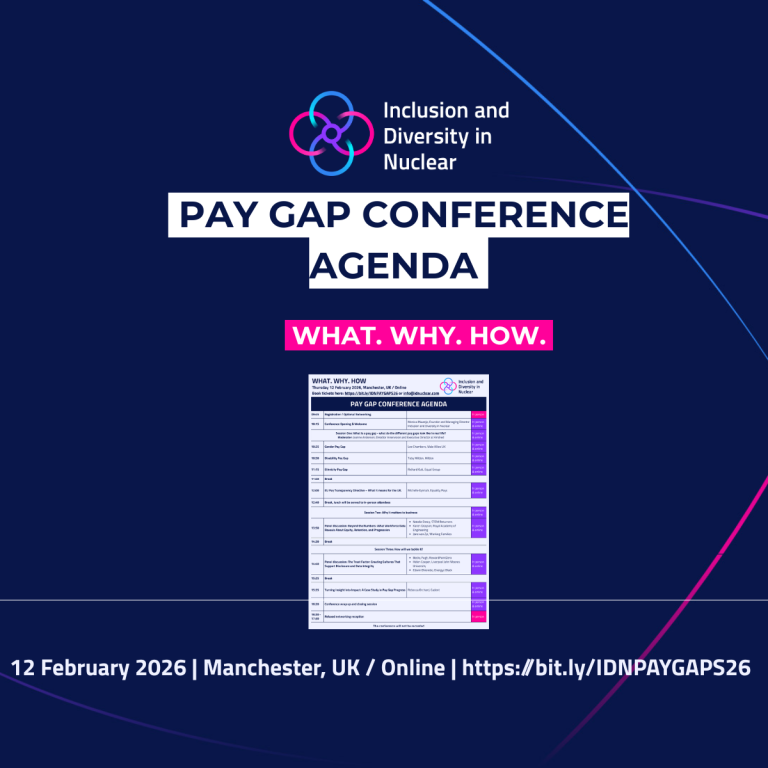 Promotional graphic for the Pay Gap Conference Agenda. The top features the Inclusion and Diversity in Nuclear logo and organisation name. The main text reads ‘Pay Gap Conference Agenda’ followed by the tagline ‘What. Why. How.’ Below is a small preview image of the full conference agenda. At the bottom, the graphic lists event details: ‘12 February 2026 | Manchester, UK / Online | https://bit.ly/IDNPAYGAPS26’. The background is dark blue with curved accent lines in blue and pink.