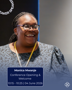 Promotional image showing Monica standing at a conference venue, facing slightly to the side and wearing glasses, a patterned grey top, and a yellow lanyard. The background includes a dark banner and a light-coloured wall. Overlaid text reads: ‘SPEAKER’, ‘Monica Mwanje’, ‘Conference Opening & Welcome’, and ‘10:15–10:25 | 04 June 2026’.