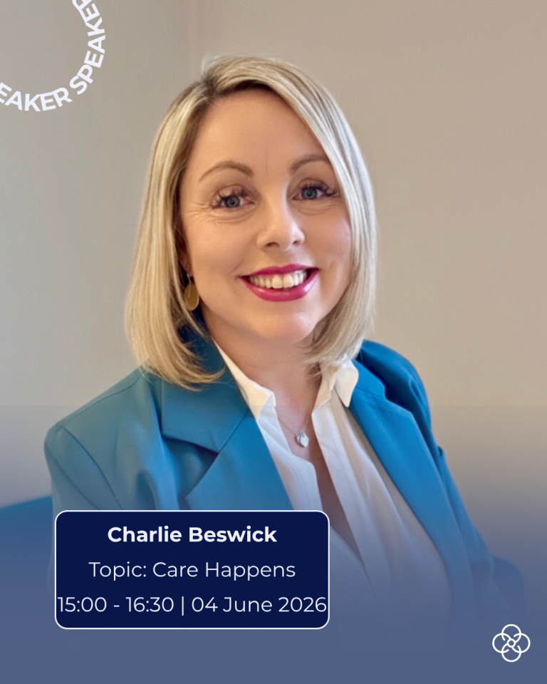 Promotional image showing Charlie facing the camera, wearing a teal blazer over a light-coloured top. The background is a plain indoor wall. Overlaid text reads: ‘SPEAKER’, ‘Charlie Beswick’, ‘Topic: Care Happens’, and ‘15:00–16:30 | 04 June 2026’.