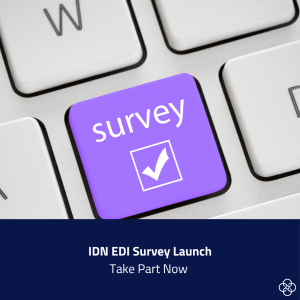 Close-up of a computer keyboard with a purple key labelled “survey” and a tick icon. Below the image, a navy banner reads “IDN EDI Survey Launch” and “Take Part Now”