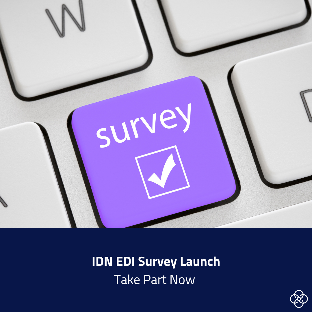 Close-up of a computer keyboard with a purple key labelled “survey” and a tick icon. Below the image, a navy banner reads “IDN EDI Survey Launch” and “Take Part Now”