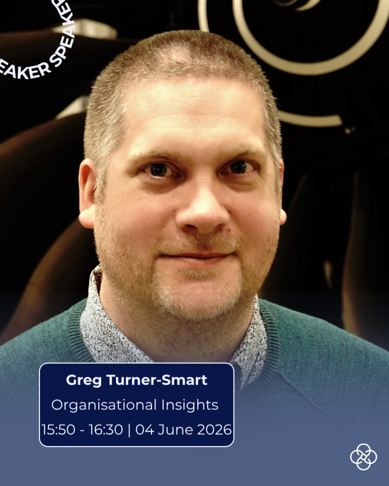 Promotional image showing Greg facing the camera, wearing a dark green jumper over a patterned shirt. The background features a dark backdrop with abstract circular light elements. Overlaid text reads: ‘SPEAKER’, ‘Greg Turner‑Smart’, ‘Organisational Insights’, and ‘15:50–16:30 | 04 June 2026’.