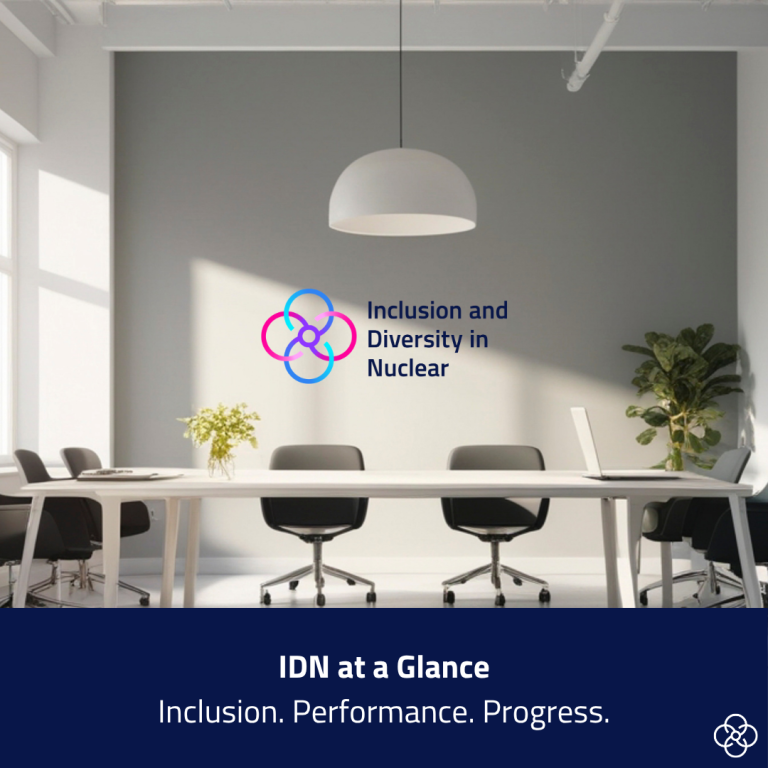 Modern meeting room with a large table, office chairs and laptop, featuring the Inclusion and Diversity in Nuclear logo and the heading ‘IDN at a Glance’.