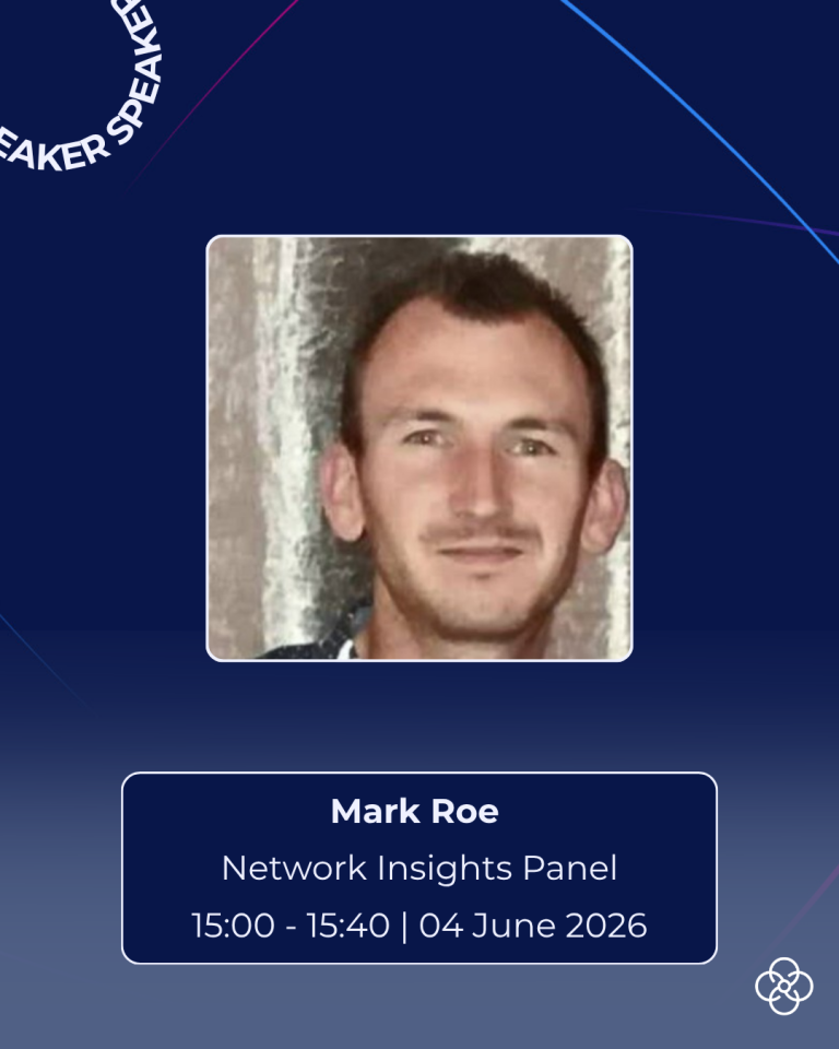 Promotional conference graphic on a dark blue background featuring a headshot of a speaker against a neutral backdrop. The design includes curved decorative lines and the words “Speaker” along the edge. A panel below the image displays the text “Mark Roe,” “Network Insights Panel,” and the session time “15:00 – 15:40 | 04 June 2026,” with a small logo in the bottom corner.