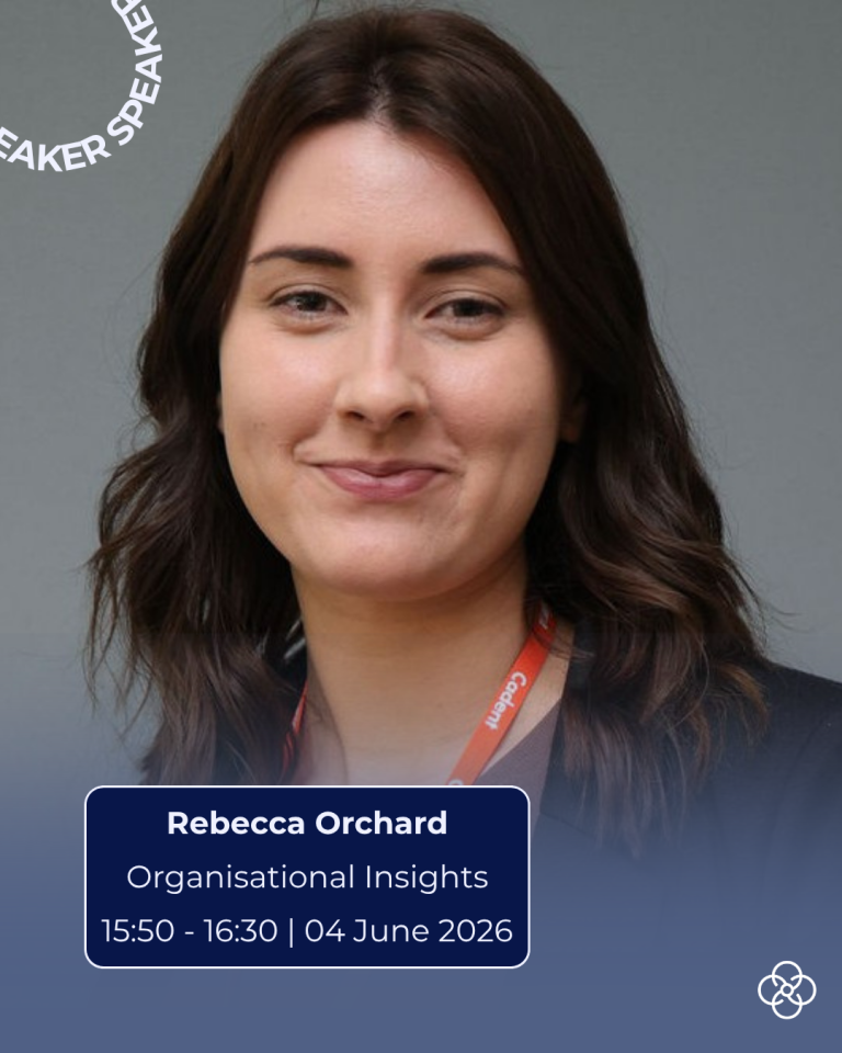 Promotional conference graphic featuring a close-up headshot of a speaker against a neutral grey background. Overlaid text reads “Rebecca Orchard” and “Organisational Insights,” along with the session time “15:50 – 16:30 | 04 June 2026.” The design includes a dark blue panel with rounded edges, curved decorative lines, and a small logo in the bottom corner.