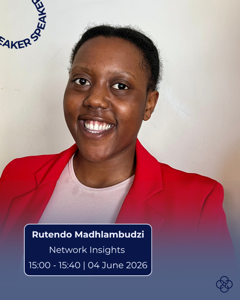 Promotional speaker graphic showing a head-and-shoulders portrait of Rutendo wearing a red blazer over a light top, set against a light background. A blue text panel overlays the lower portion of the image with the text: “Rutendo Madhlambudzi,” “Network Insights,” and “15:00–15:40 | 04 June 2026.” A partial circular “SPEAKER” motif appears at the top left, with a logo icon in the bottom right.