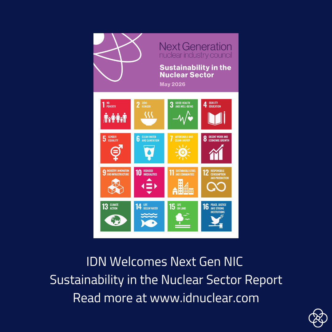 Promotional graphic featuring the “Sustainability in the Nuclear Sector” report by the Next Generation Nuclear Industry Council (May 2026), displayed above a grid of UN Sustainable Development Goal icons, with text reading: “IDN welcomes Next Gen NIC Sustainability in the Nuclear Sector Report – Read more at www.idnuclear.com.