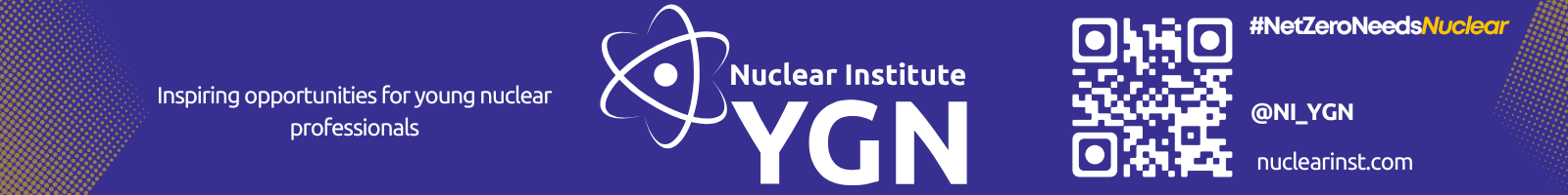 A purple banner promoting the Nuclear Institute Young Generation Network (YGN). On the left, white text reads “Inspiring opportunities for young nuclear professionals” on a dotted gradient background. In the centre, a white atomic symbol appears alongside the words “Nuclear Institute YGN” in bold lettering. On the right, a white QR code is displayed with the hashtag “#NetZeroNeedsNuclear” above it, and the text “@NI_YGN” and “nuclearinst.com” below.