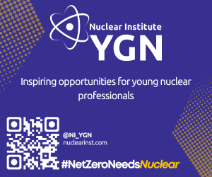 A purple banner promoting the Nuclear Institute Young Generation Network (YGN). On the left, white text reads “Inspiring opportunities for young nuclear professionals” on a dotted gradient background. In the centre, a white atomic symbol appears alongside the words “Nuclear Institute YGN” in bold lettering. On the right, a white QR code is displayed with the hashtag “#NetZeroNeedsNuclear” above it, and the text “@NI_YGN” and “nuclearinst.com” below.