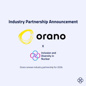 A clean, light grey promotional graphic with the heading “Industry Partnership Announcement” in dark blue at the top. Centered below is the Orano logo, featuring a bold black “orano” wordmark alongside a yellow circular brushstroke symbol. Beneath it is a small “x,” indicating a partnership, followed by the Inclusion and Diversity in Nuclear logo—a multicolour circular emblem next to the text “Inclusion and Diversity in Nuclear.” At the bottom, dark blue text reads: “Orano renews industry partnership for 2026.” A small version of the Inclusion and Diversity in Nuclear logo appears in the lower-right corner. The overall design uses a minimal layout with strong branding and a professional colour palette of grey, navy, yellow, and multicolour accents.